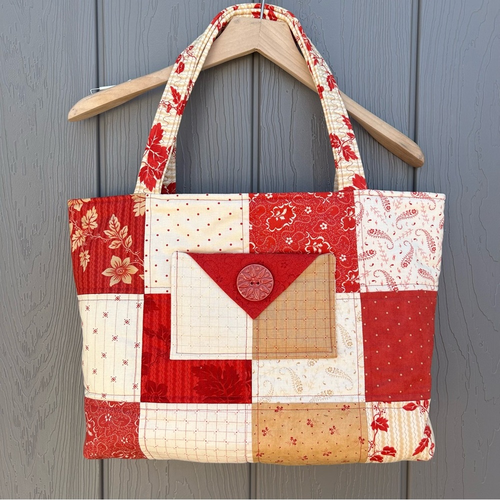 Quilted Tote Bag Red And Cream With Pockets Artisan Handmade Boho Bag